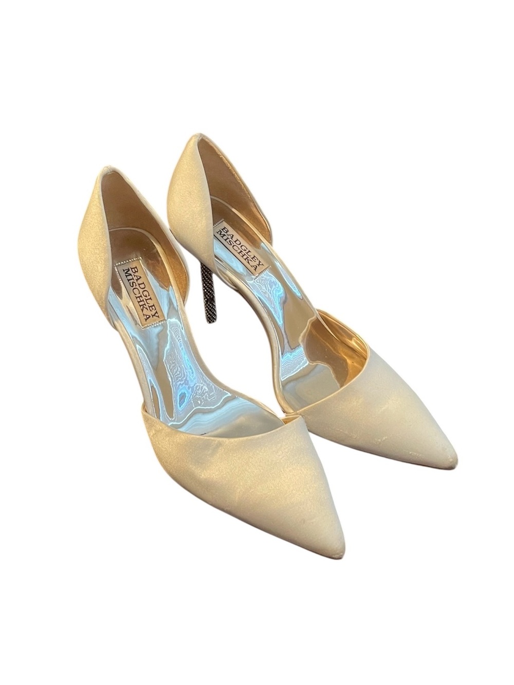 Badgley Mischka Women's White Ivory Satin‎ Crystal Stiletto D'orsay Heels Size 8